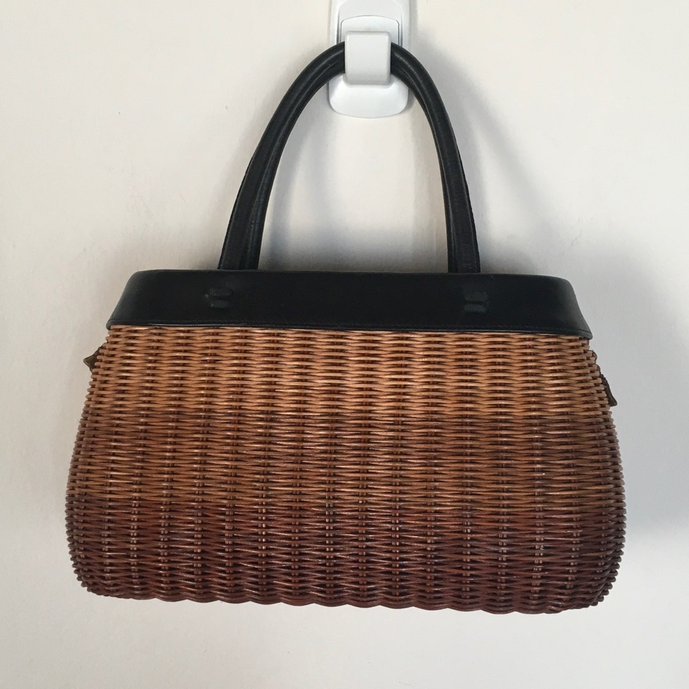 NWOT Woven Brown Floral Accent Handbag with Black Handles - Picture 5 of 7